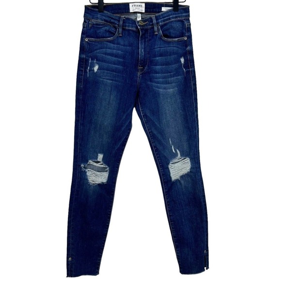 Frame Jeans 27 Le High Skinny Ankle Slit Dark Wash Denim‎ Distressed High Rise - Picture 16 of 16